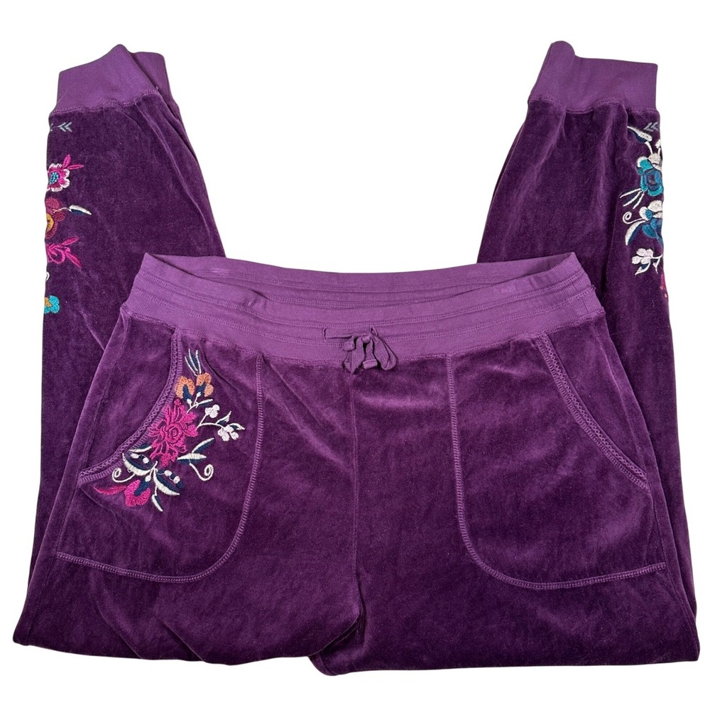 JW Los Angeles Purple Velour Floral Embroidered Joggers Pants XL Johnny Was